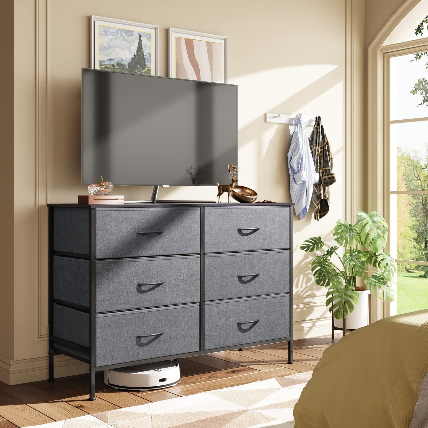 WLIVE Dresser for Bedroom with 6 Drawers, Wide Dresser TV Stand for 50 Inches TV, Grey Dresser with Metal Frame, Wooden Top, Fabric Dressers for Bedroom, Living Room, Hallway, Dark Grey