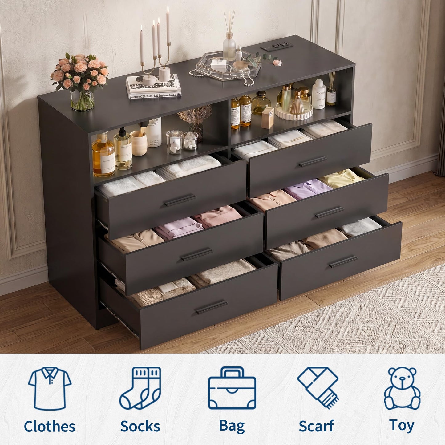 Garvee 6 Drawer Wooden Dressers for Bedroom with Charging Station & Open Shelf, 47" Wide Black Dresser, Wood Chest of Drawers with Deep Drawers, Modern TV Stand Storage Organizer for Living Room, Dorm