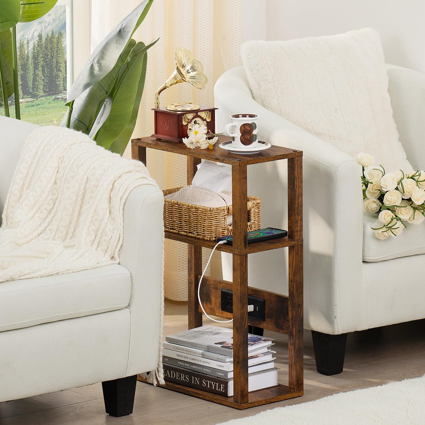 YUFAM 3-Tier Small Narrow Wood Side Table with Charging Station, Skinny Nightstand for Small Space, Slim Bedside Table with Storage for Couch, Thin End Table with USB Ports and Outlets, Rustic Brown