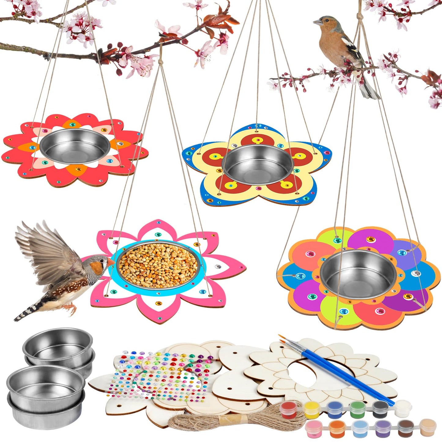 Fennoral 4 Pack Bird Feeder Kits for Kids Make Your Own Bird Feeders Wooden Art and Craft for Girls Boys Ornaments DIY to Paint Bird Feeders Craft for Spring Garden Outdoor Winter Activities Project