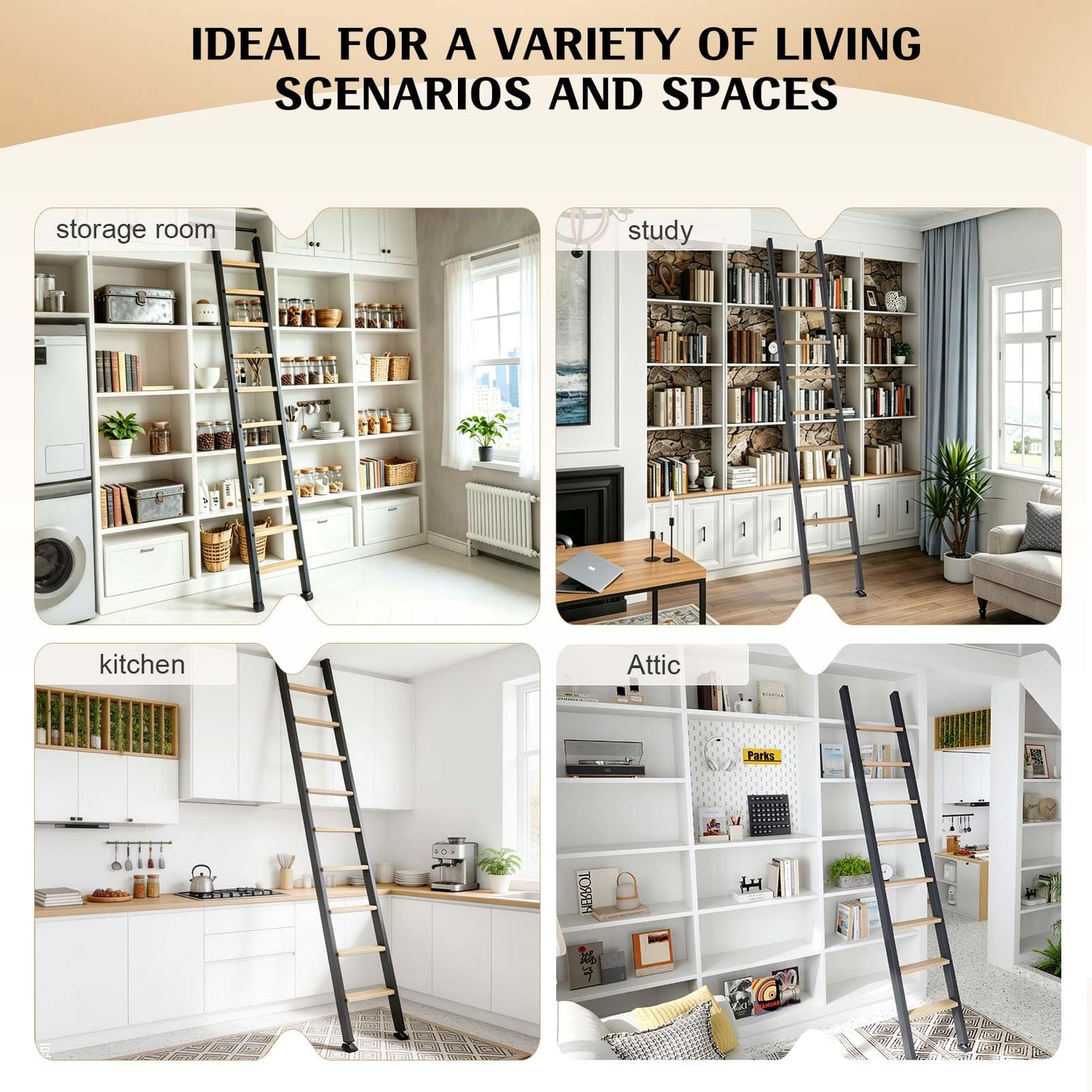 Fredbeck 8ft,96inch Library Ladder Carbon Steel Frame Wooden Step,for Loft