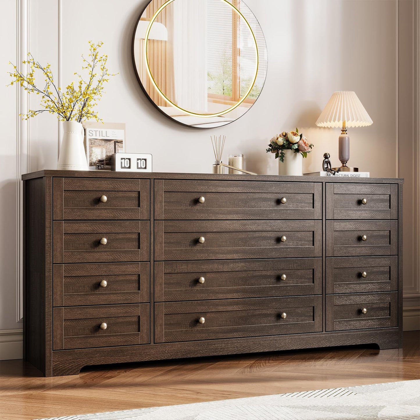 Garvee 12 Drawer Wooden Dressers for Bedroom, Brown Dresser for Adult Bedroom, Modern Wood Chest of Drawers for Living Room, Closet, Entryway, Hallway, Farmhouse Wide TV Stand for 65 Inch TV