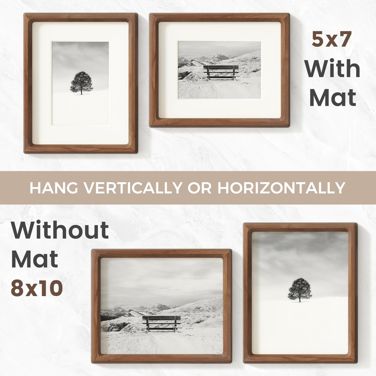 8x10 Picture Frame, USA-Sourced Natural Walnut Wood Photo Frame with Tempered Glass, Handcrafted Rounded Corner 8 x 10 Wooden Frame Matted to 5x7 Photos, Wall or Tabletop Display
