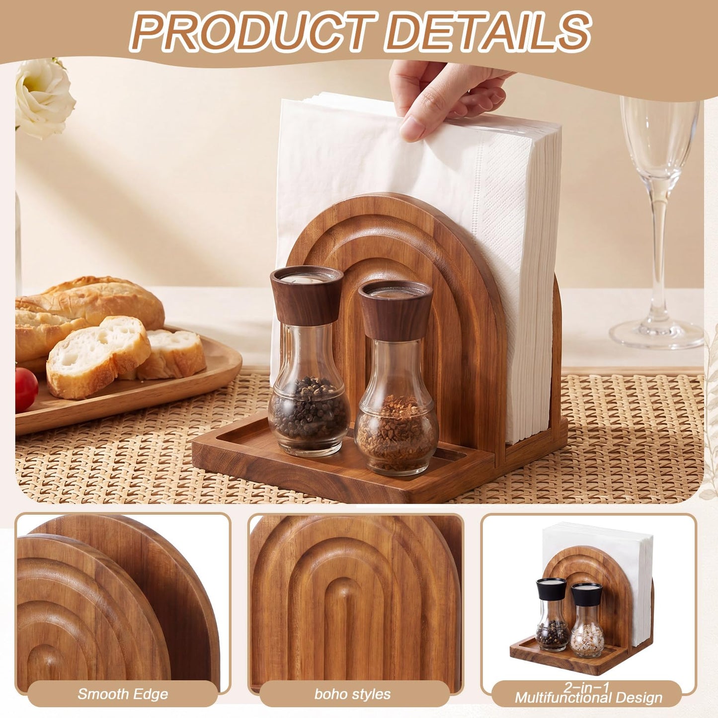 Singhoow Acacia Wood Napkin Holder with Salt and Pepper Shaker Caddy, Modern Arch Paper Napkin Dispenser and Condiment Organizer for Dining Table Kitchen Counter, Farmhouse Boho Home Decor