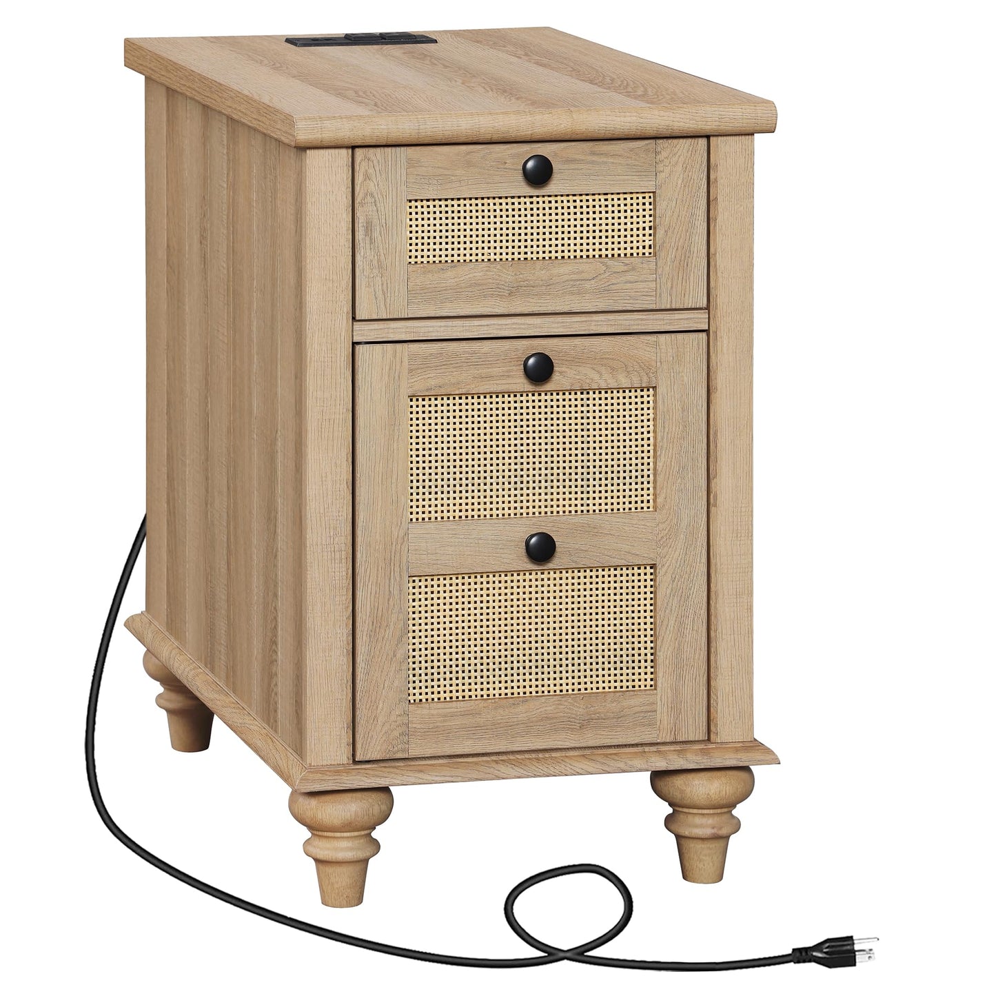 WAMPAT Farmhouse End Table with Charging Station, Rattan Side Table with Drawer & Storage Cabinet, Wooden Oak Nightstand with Power Outlets & USB Ports for Living Room, Bedroom, Burlywood
