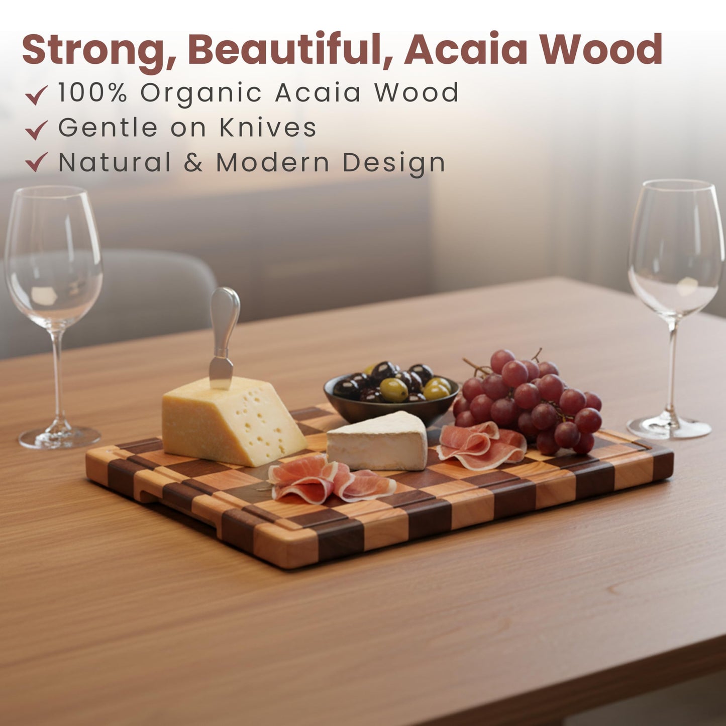 Kitchletic Charcuterie Board & Cutting Board for Kitchen – Acacia Wood Butcher Block with Juice Grooves & Handles, Large 16.5"x11.6" Serving Tray, Gift Box Included – Care Guide Inside