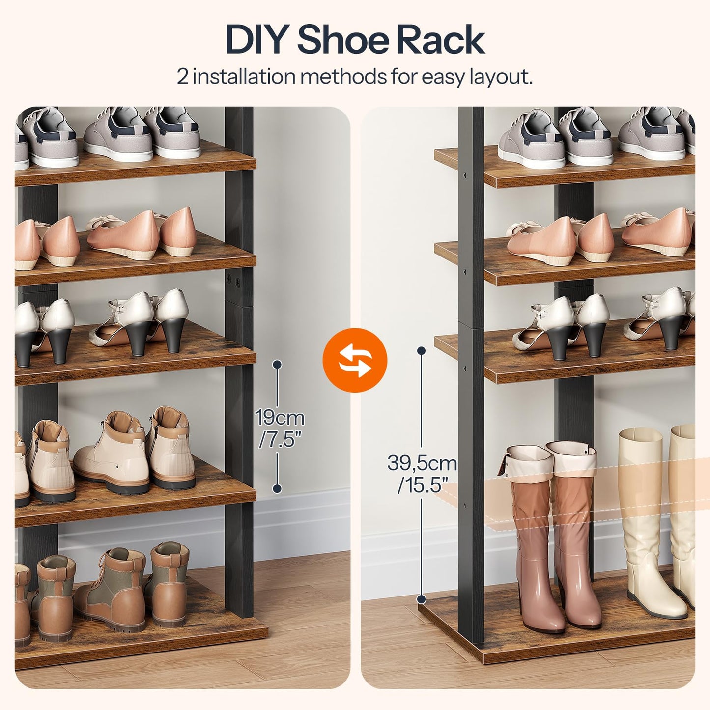 HOOBRO 10 Tiers Vertical Shoe Rack, Wooden Shoe Storage Organizer with Hooks, Narrow Shoe Tower for 20 Pairs, Space Saving, for Entryway, Living Room, Bedroom, Rustic Brown FG140XJ01