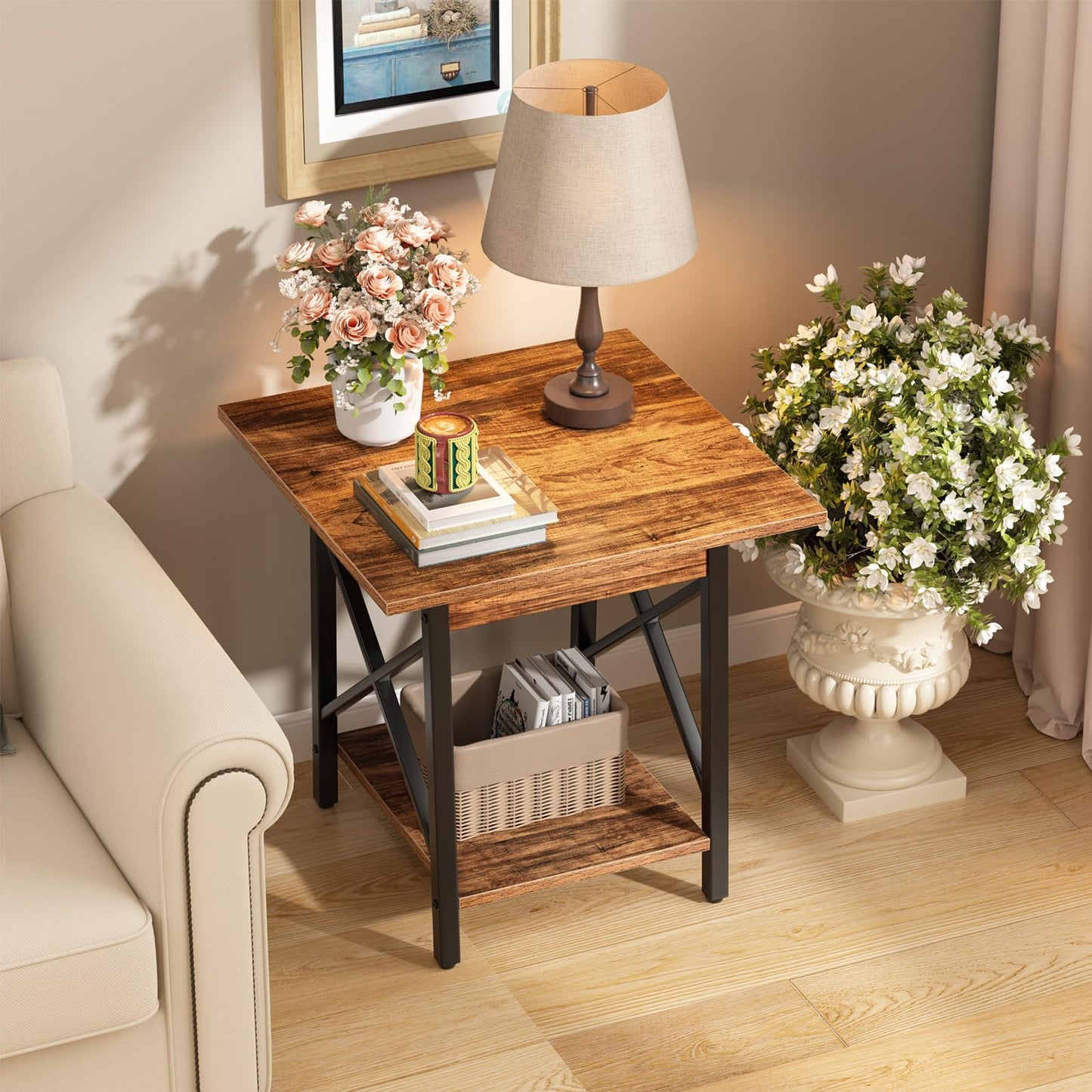 GreenForest Square End Table for Living Room, 24 Inch Large Side Table with X-Frame, Farmhouse Tall Bedside Nightstand with 2-Tier Storage Shelf, Rustic Walnut