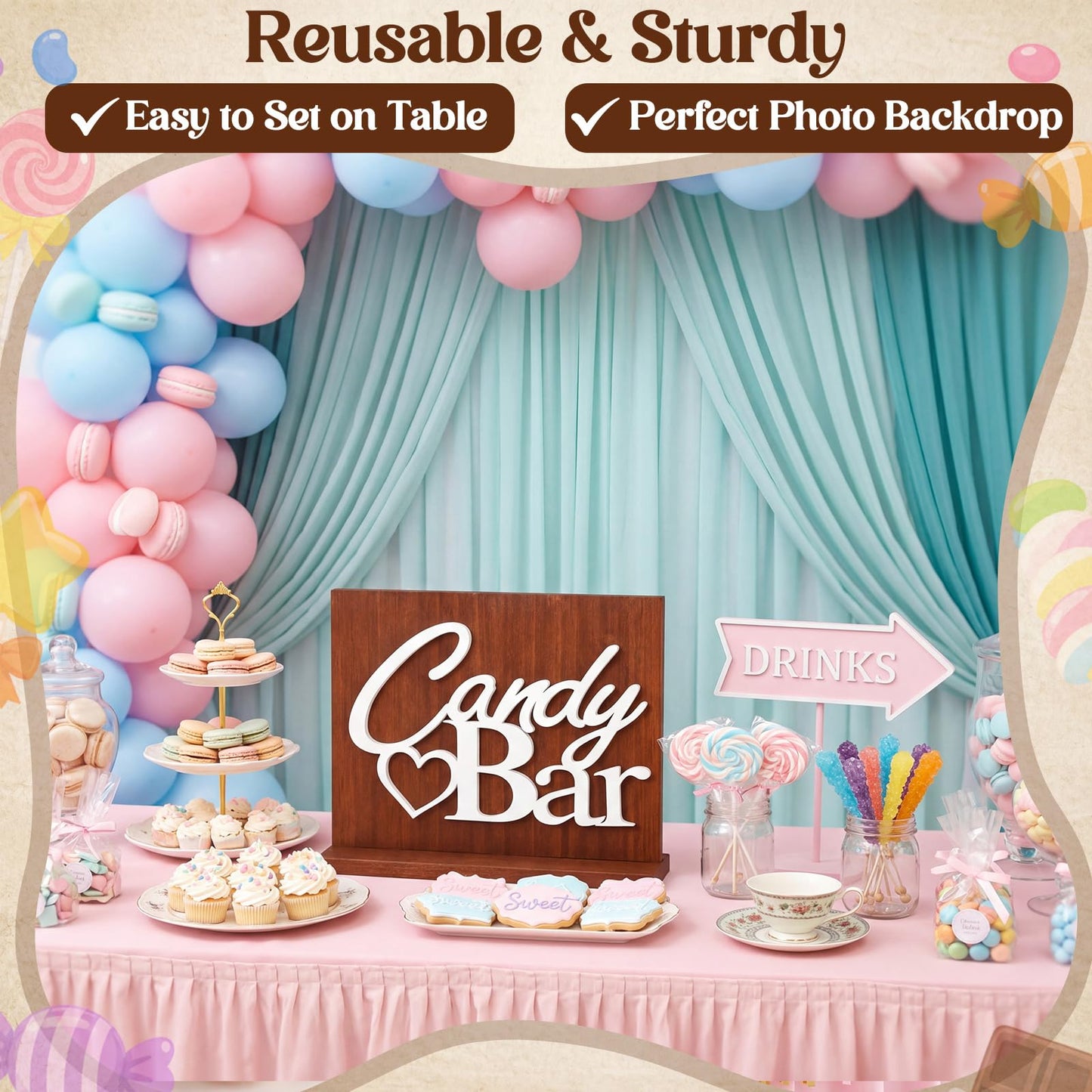 Novabright Candy Bar Wooden Sign with Rustic Wood Backboard & Stable Base, Freestanding Sweet Candy Bar Dessert Table Decor, Centerpiece with Stand for Wedding, Birthday, Bridal Shower & Party
