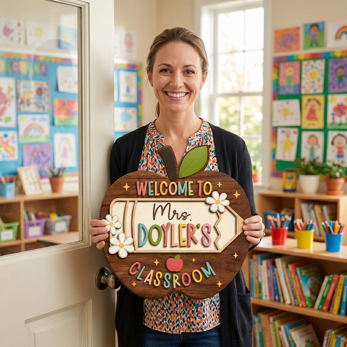 FAMITRENDZ Personalized Teacher Door Sign with Name, Custom Wooden Welcome Teachers Sign, Classroom Door Hanger for Teachers, Teacher Appreciation Gifts, Back to School Gifts, Classroom Decorations 9