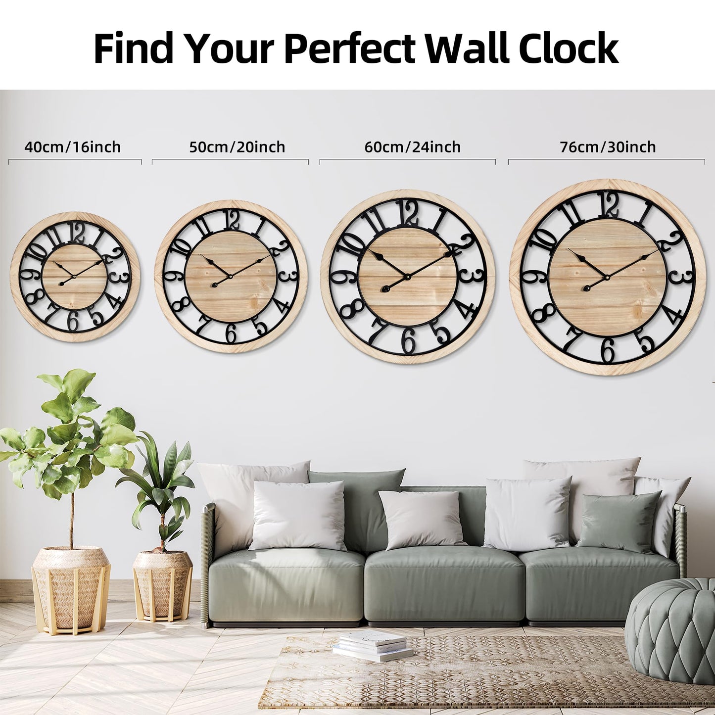 Maxstar 16'' Wall Clock for Living Room Decor, Ultra-Silent Rustic Wooden Farmhouse Wall Clock with Metal & Real Wood Frame, Battery Operated, for Kitchen Bedroom Office, Arabic Numerals