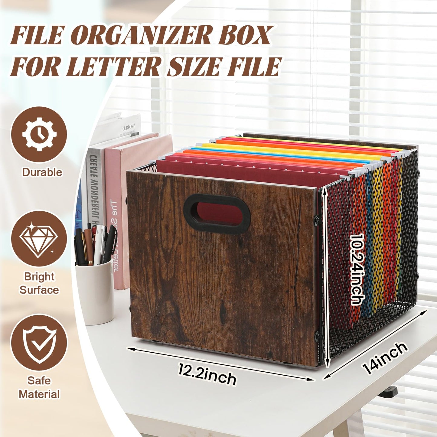 Yalikop Rustic Brown Wood File Box Organizer, Hanging Folder Storage Boxes, Filing Crate Bin Holder with Handle for Home Office Desk, Letter Size