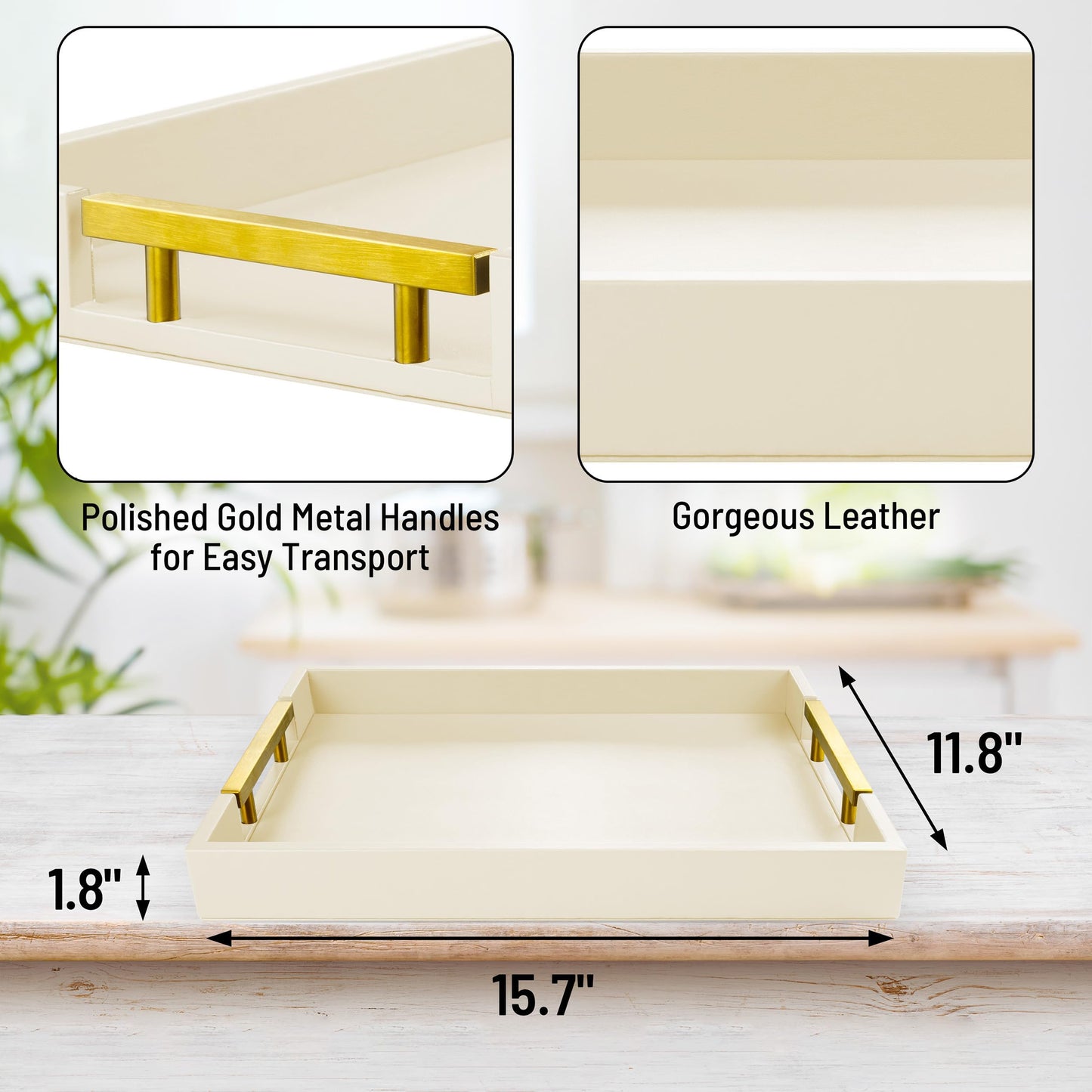 ATZYmolin Leather Serving Tray with Gold Polished Metal Handles, Home Decorative Wooden Rectangle Ottoman Decor Platter Bathroom Vanity Tray for All Occasions Cream