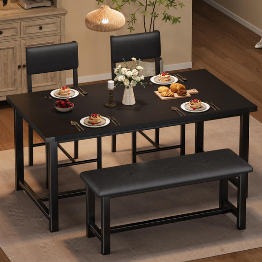 Garvee Wooden Dining Table Set for 4, Kitchen Table and 2 Upholstered Chairs with Bench, Rectangular Dining Room Set, for Small Space, Apartment, Home, Easy Assembly, Retro Black
