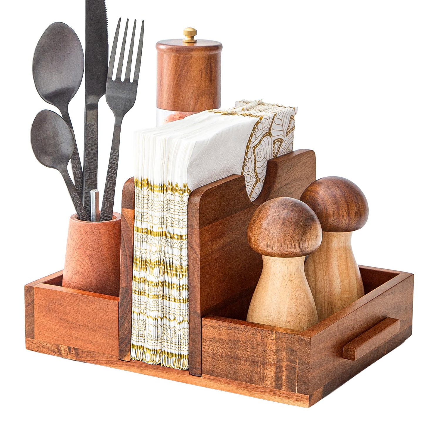 GinSent Napkin Holder for Table, Wooden Napkins Holder with Salt and Pepper Shakers Caddy, Standing Paper Napkin Storage for Kitchen Countertop Dining Table Decor(Acacia Wood)