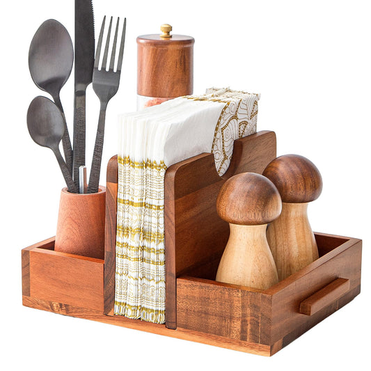 GinSent Napkin Holder for Table, Wooden Napkins Holder with Salt and Pepper Shakers Caddy, Standing Paper Napkin Storage for Kitchen Countertop Dining Table Decor(Acacia Wood)