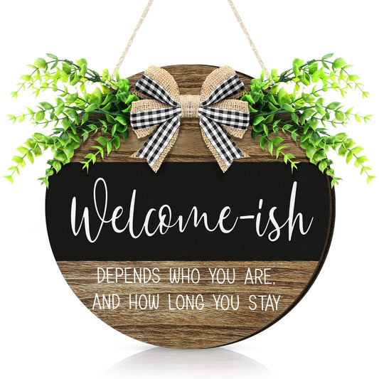 Jetec 3D Welcome Sign for Front Door, 12 Inch Rustic Round Wood Wreaths with Artificial Leaves Farmhouse Porch for House Warming Gifts Home Front Door Decor for All Season(Classic Foliage,Retro Style)