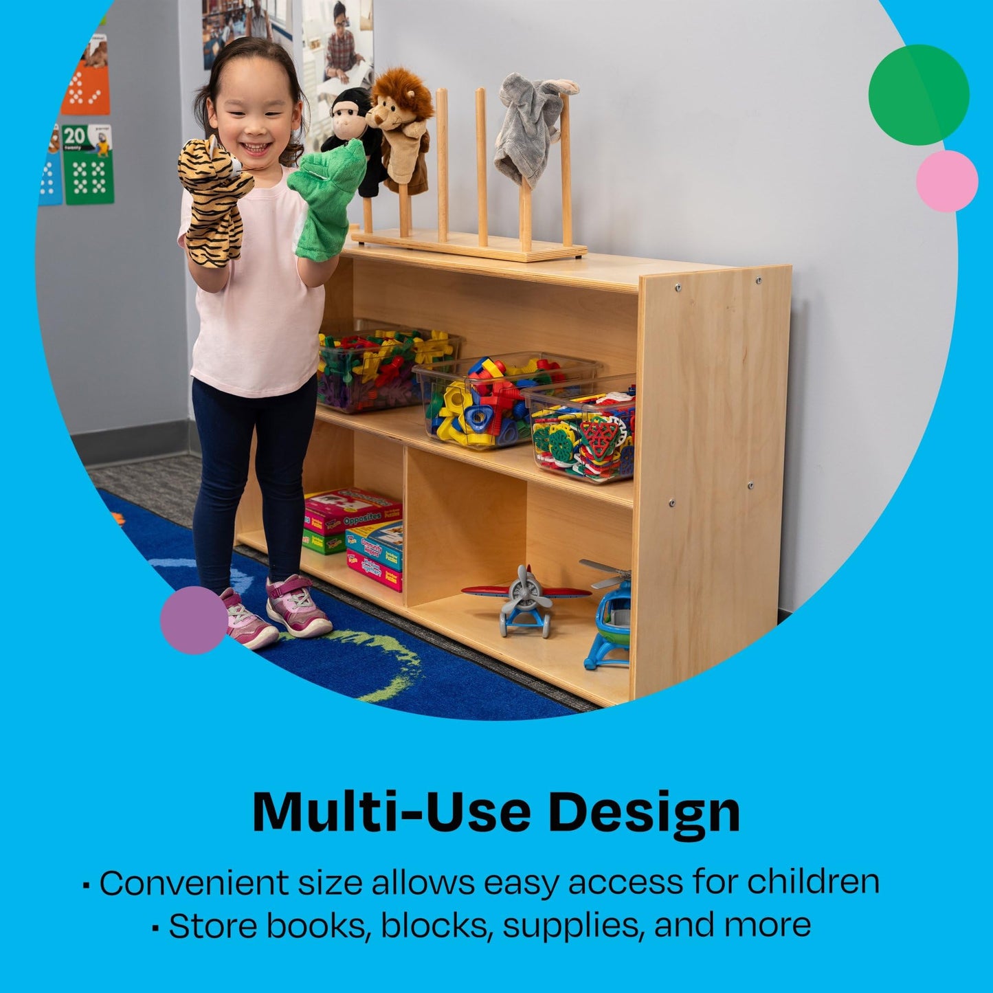 Childcraft ABC Furnishings 2-Shelf 3-Compartment Storage Unit for Classrooms and Homes, Wooden Bookshelf and Organizer, 48 x 13 x 27-3/8 Inches