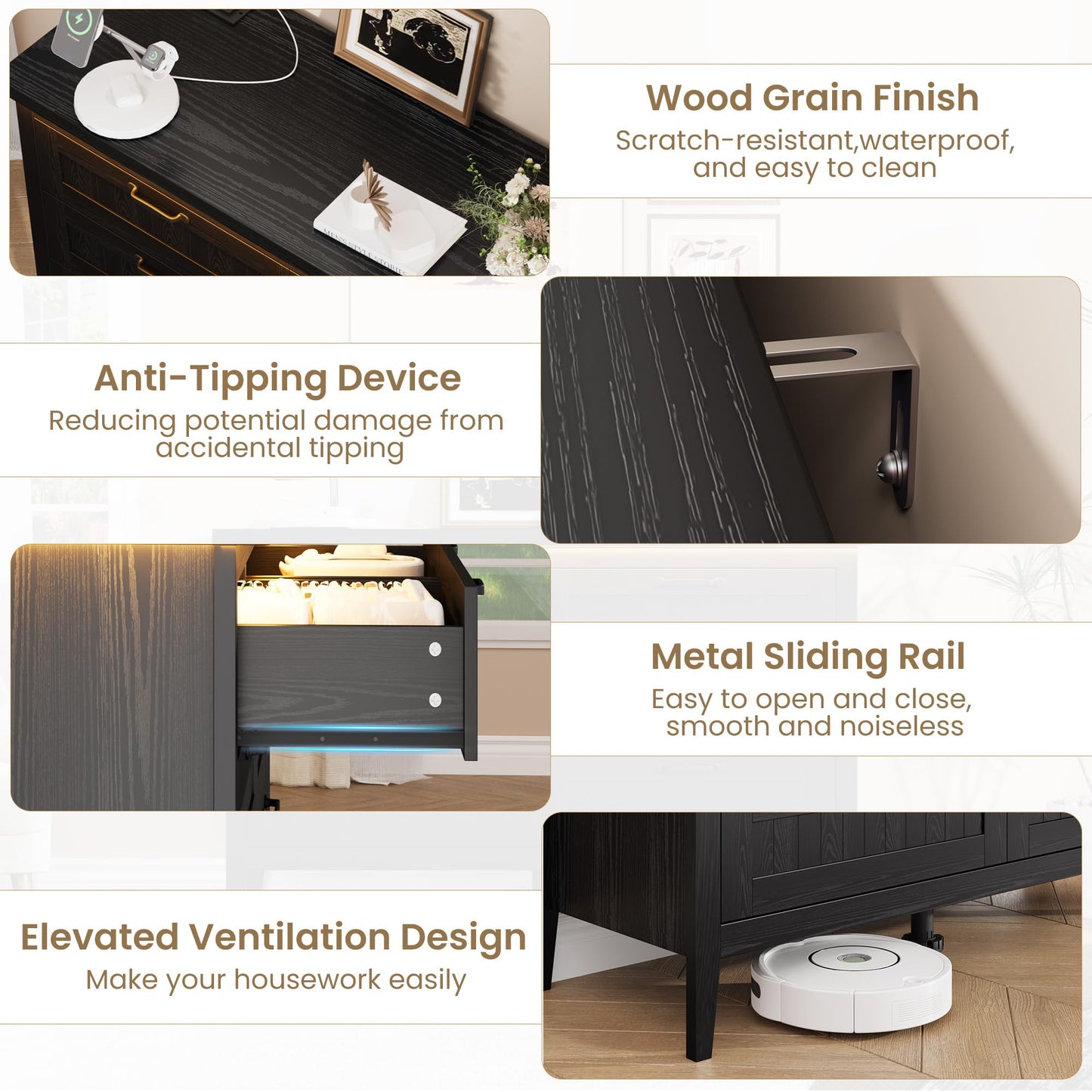 IDEALHOUSE 6 Drawer Dresser with Charging Station & LED Lights