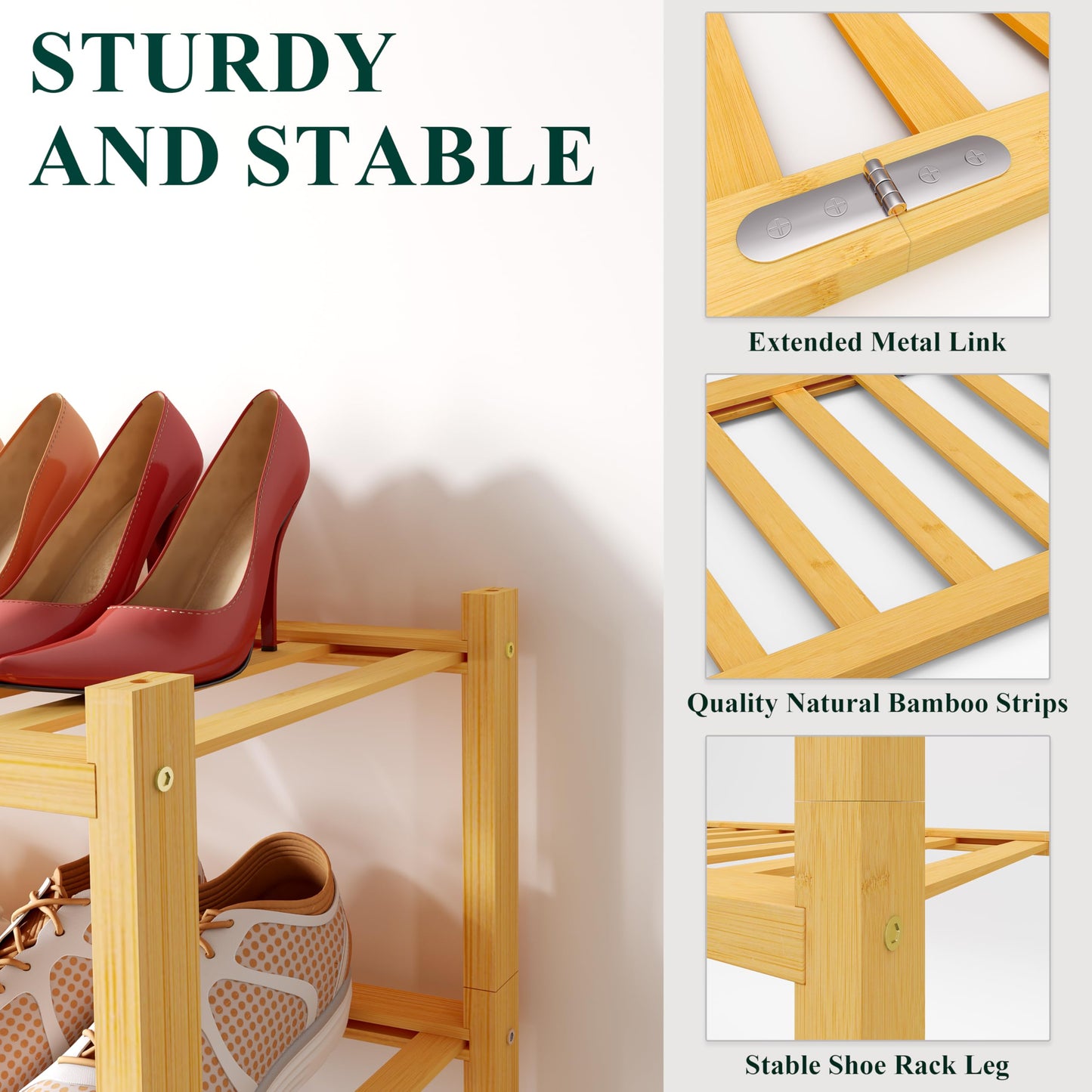 Smiry Bamboo Shoe Rack for Closet, 2 Tier Long Wooden Shoe Organizer, Stackable Wood Shoe Storage Shelf for Entryway, 14 Vertical Slats, One-piece Heavy-Duty Legs, 33.86"x11.02"x12.99", Natural