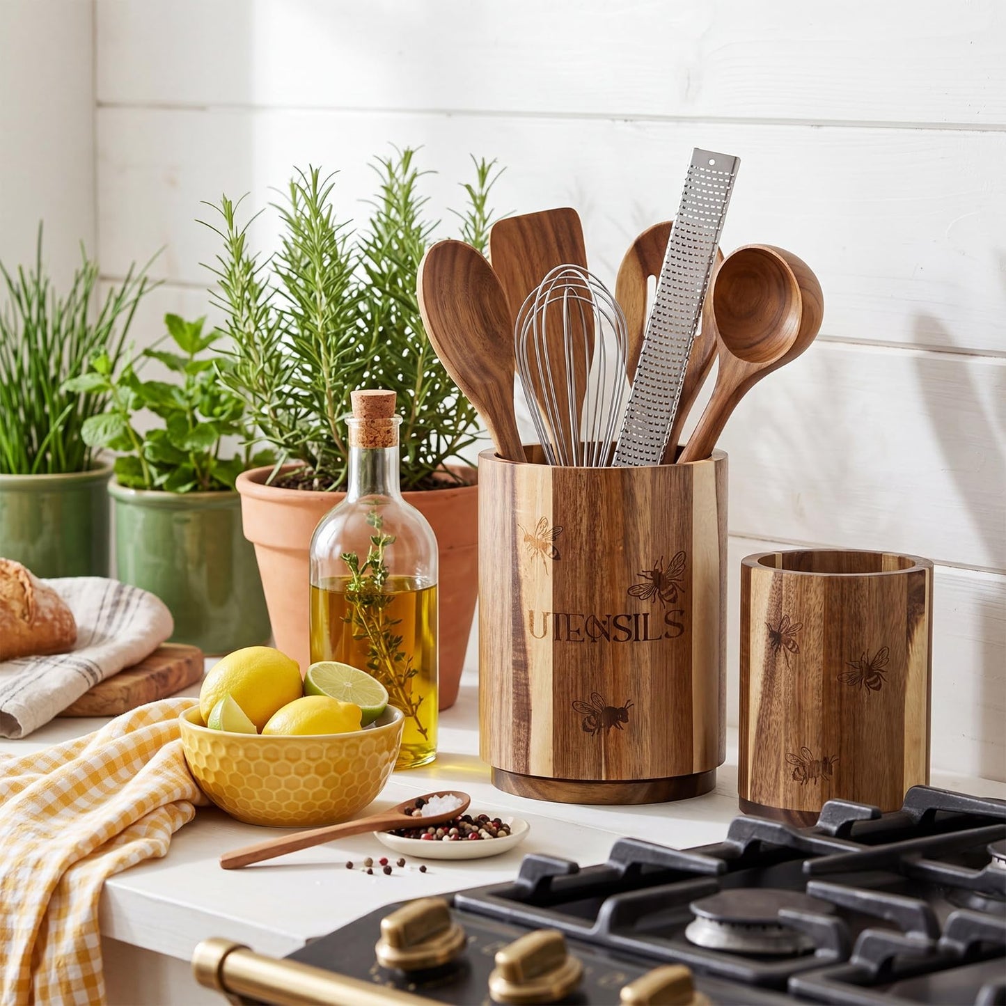 Hushee 2 Pack Acacia Wood Utensil Holder for Kitchen Counter, 360° Rotating 7.3inch Large Wooden Cooking Utensil Crock and 5.5 Inch Small Kitchen Tool Organizer for Countertop, Farmhouse Modern Decor