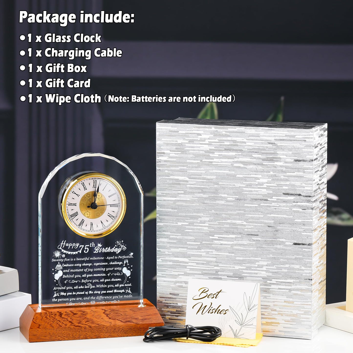 Arikyrist Happy 75th Birthday Glass Clock Gifts for Women, Men - 75 Year Old Birthday Gift with Wooden Light Base for Her Him, Turning 75 Quartz Clock Gift Idea for Parents Unique Desk Decoration