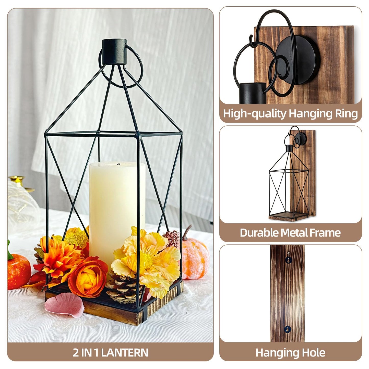 Staymoment Candle Sconces Wall Decor: Set of 2 Farmhouse Wood Candle Holder Indoor Black Metal Lantern Decorations for Living Room Front Porch Yard