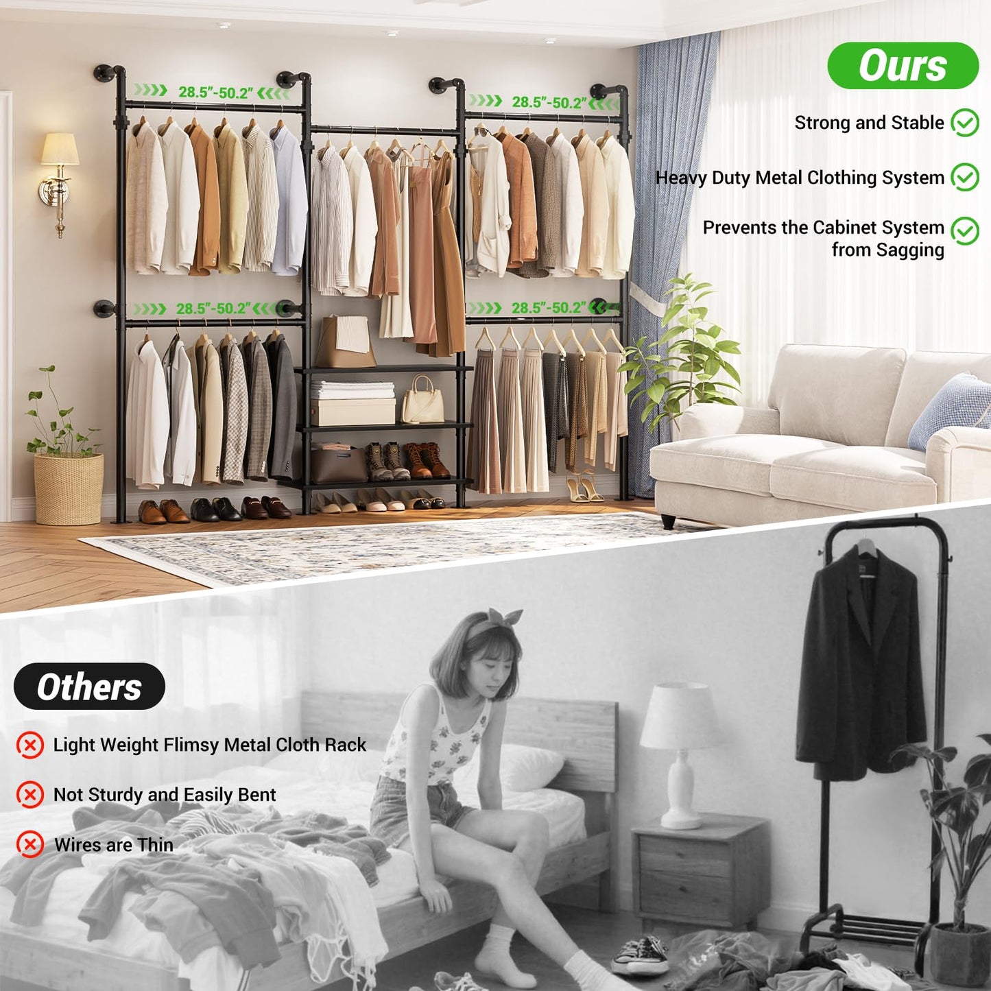 Aheaplus Expandable Industrial Corner Pipe Clothing Rack, 7.3-10.9Ft Reversible Wall Mounted Closet System, L Shaped Clothes Rack for Hanging Clothes, Heavy Duty Closet Wardrobe Garment Rack, Black