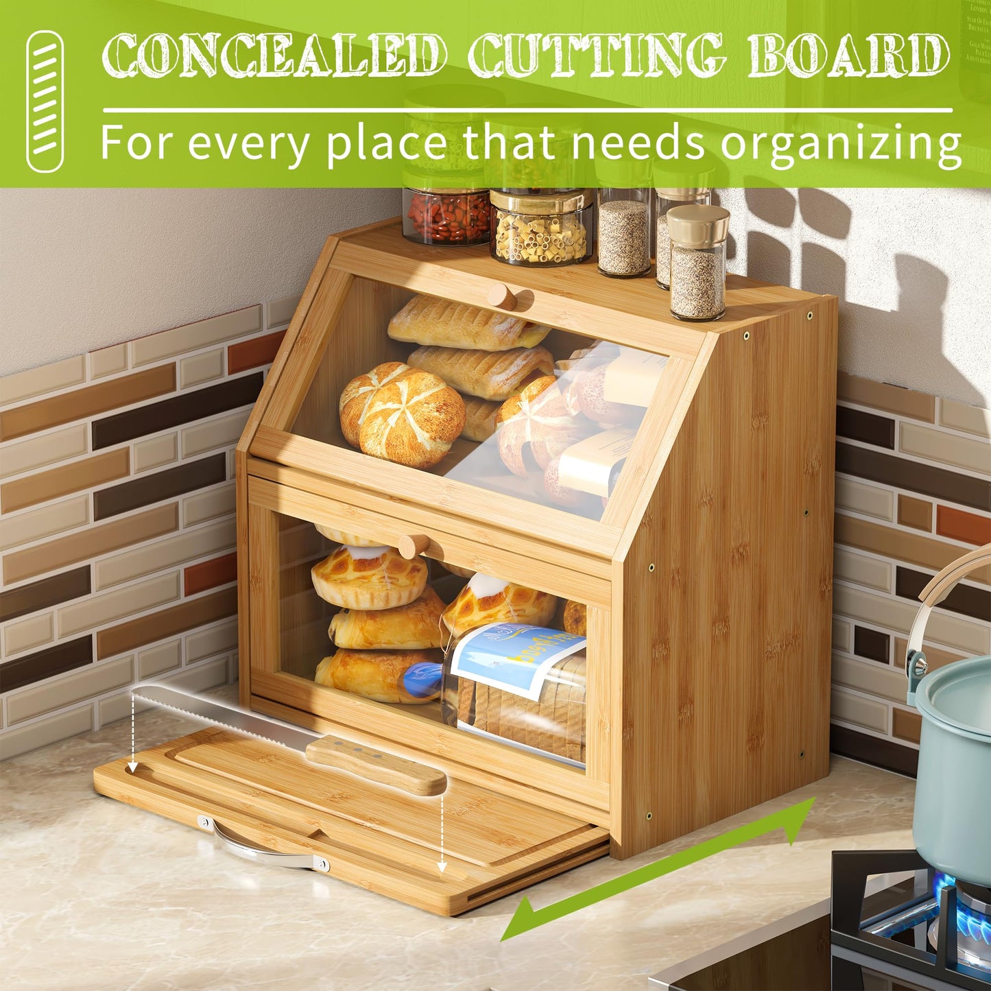 BMOSU Bread Box with Cutting Board Kitchen Bread Storage Organizer Farmhouse Countertop Double Bamboo Wood Bread Box(Natural)