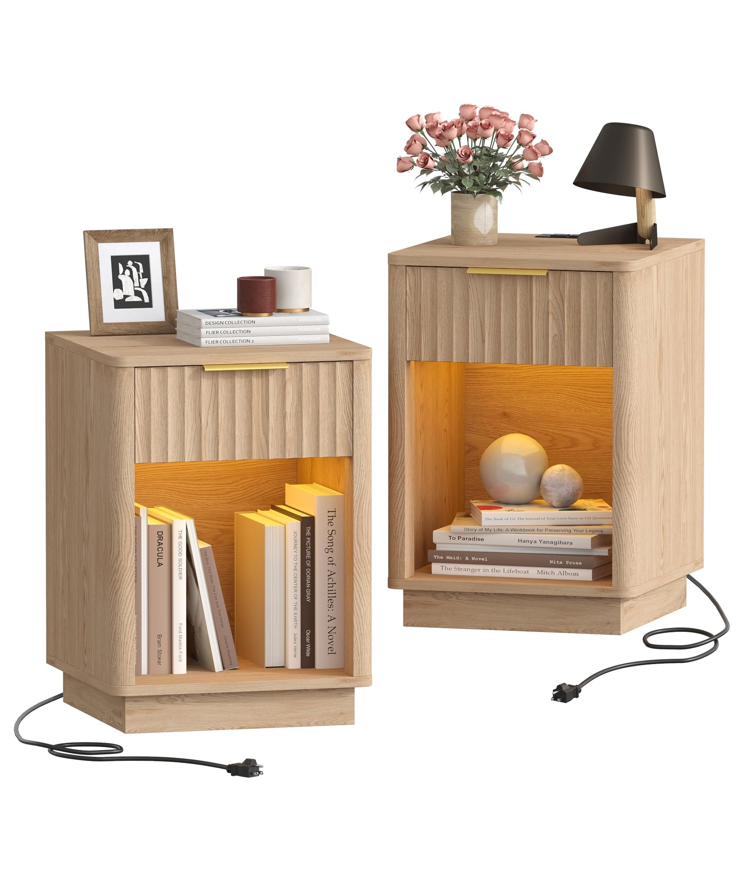 Akxomel Fluted Nightstands Set of 2, Wooden Night Stand with Charging Station and LED Light, Modern Mid Century Bed Side End Table with Drawer, 15" D x 15.7" W x 22.6" H, for Bedroom, Natural Oak