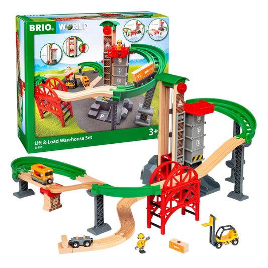 BRIO World Lift & Load Warehouse Set - 32-Piece Wood Train Set - Works with All Wooden Railway Sets - Includes 4-Level Elevator, Vehicles, Tracks & Full Station - MESH Accredited for Ages 3+