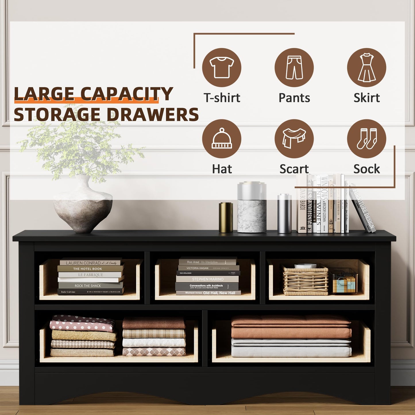 Flamaker Dresser for Bedroom, 5 Drawer Dresser, Wood Dressers, Wide Chest of Drawer, Storage Drawers, Storage Organizer for Closet, Hallway (Black)