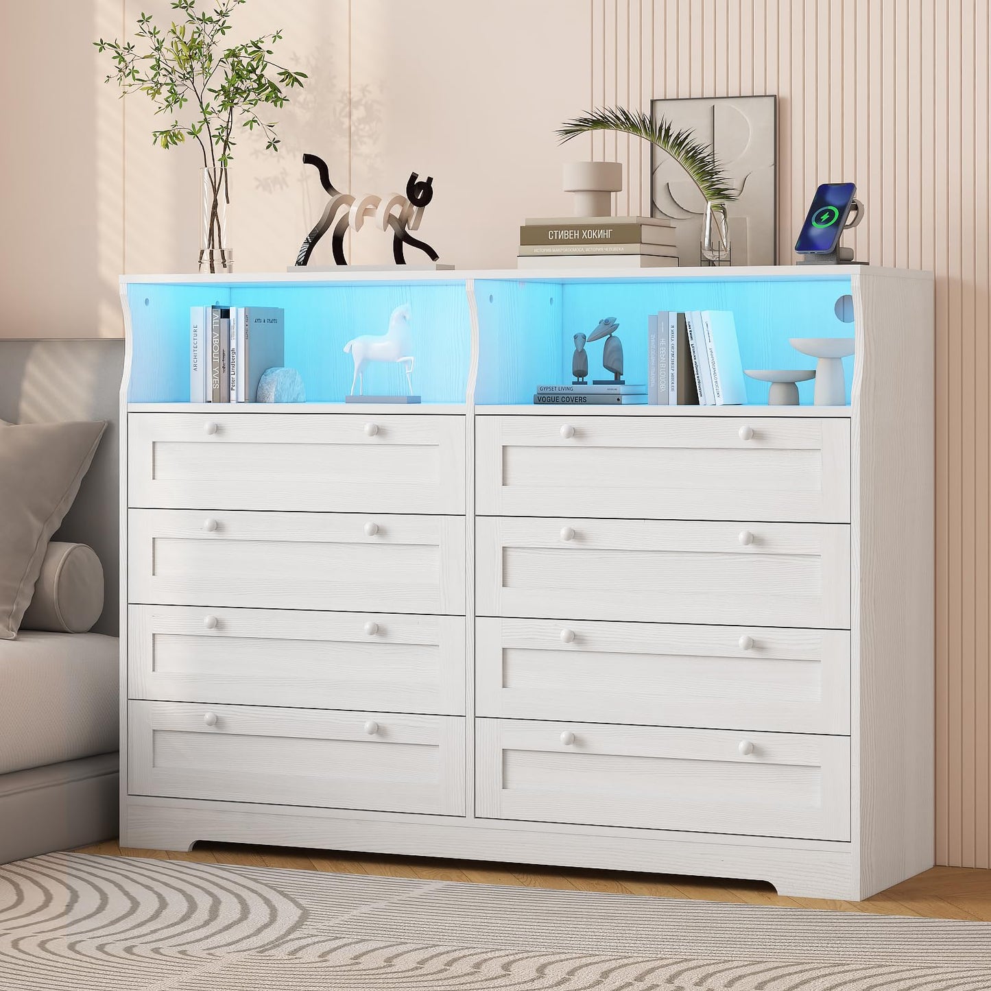 GAOMON 8 Drawer Wooden Dressers for Bedroom with Power Outlet and LED Lights, White Wood Chest of Drawers with Deep Drawer, Modern Wide TV Stand Dresser for 55" TV for Bedroom, Living Room, Hallway