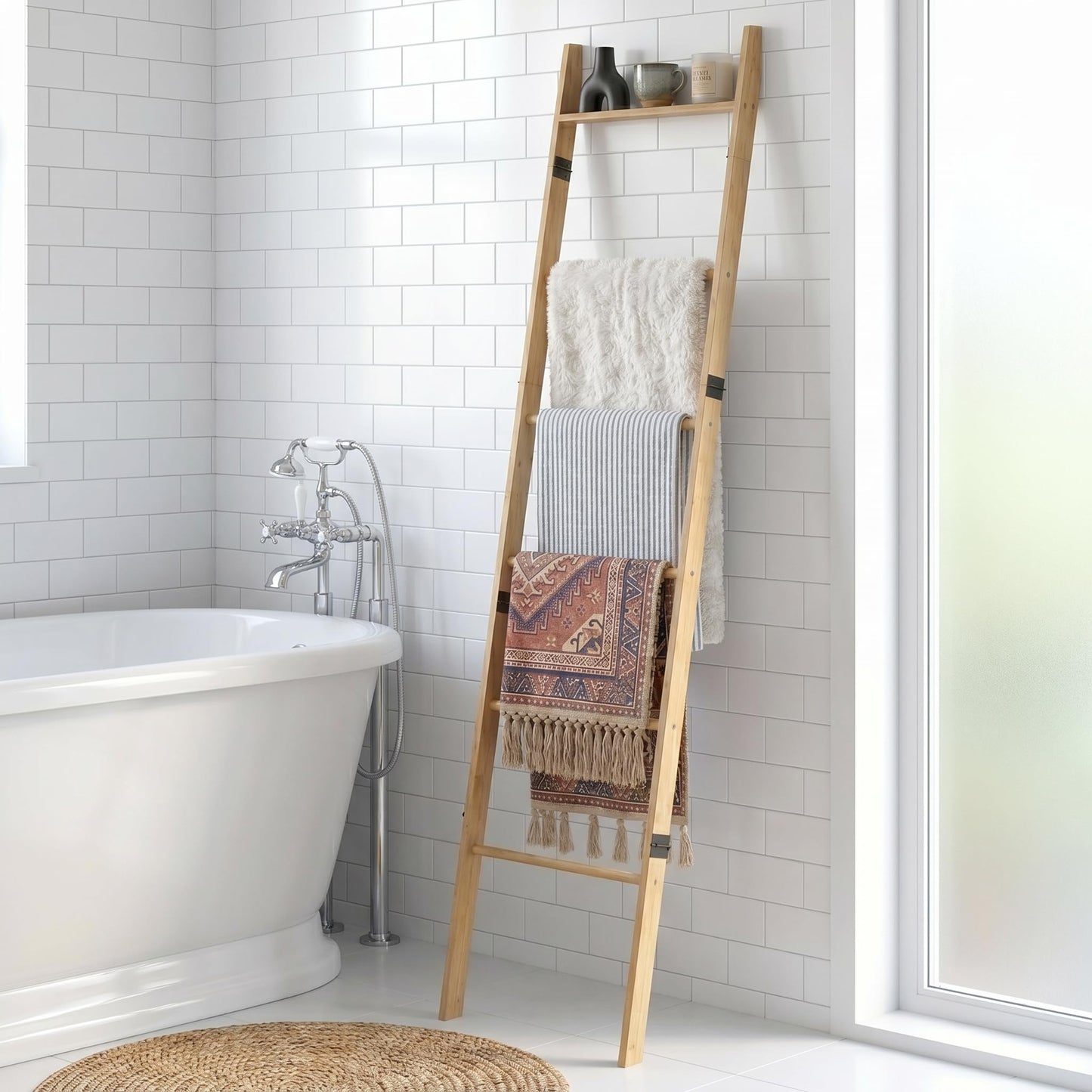 Plusinthebox 6 Tier Blanket Ladder with Shelf, Wooden Blanket Rack for Living Room, Leaning Towel Ladder Rack for Bedroom, Bathroom, Quilts, Throws, Towels and Farmhouse Décor