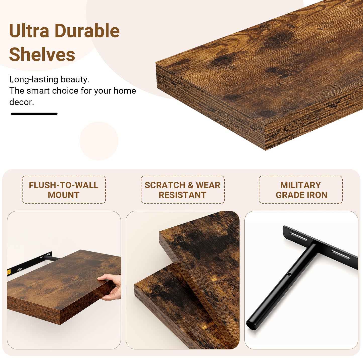 Feihorrm 36 Inch Floating Shelves, 12 Inch Deep Floating Shelves for Wall, Extra Deeper & Thicker Wooden Wall Shelf with Invisible Brackets, Shelf for Bedroom Home Decor（Rustic Brown, Set of 2）