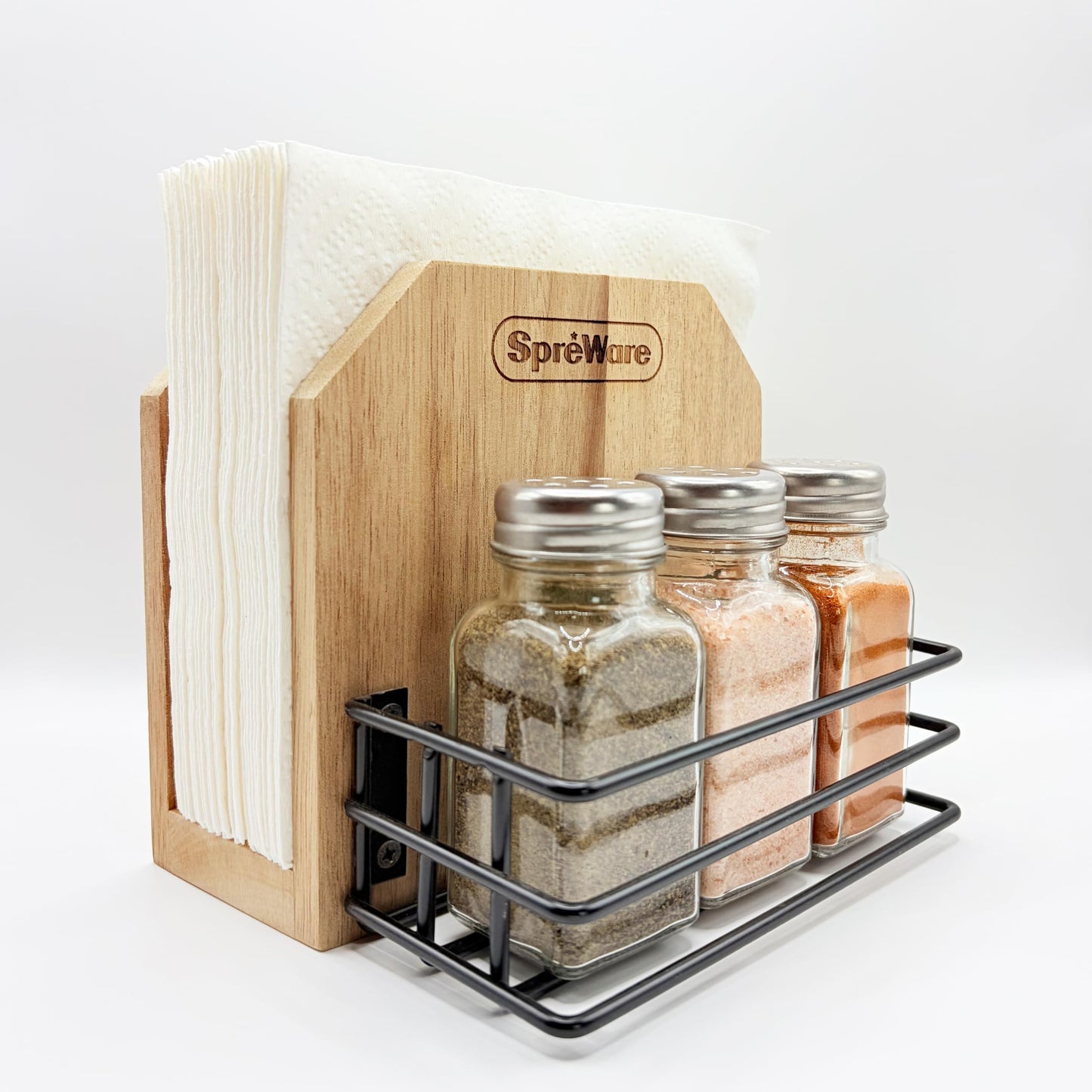 SPREWARE Acacia Wood Napkin Holder with 3 Salt & Pepper Shakers, Rustic Tabletop Napkin and Condiment Caddy, EVA Anti‑Slip Base, Holds 80 Standard Napkins – Grateful Thankful Blessed Design