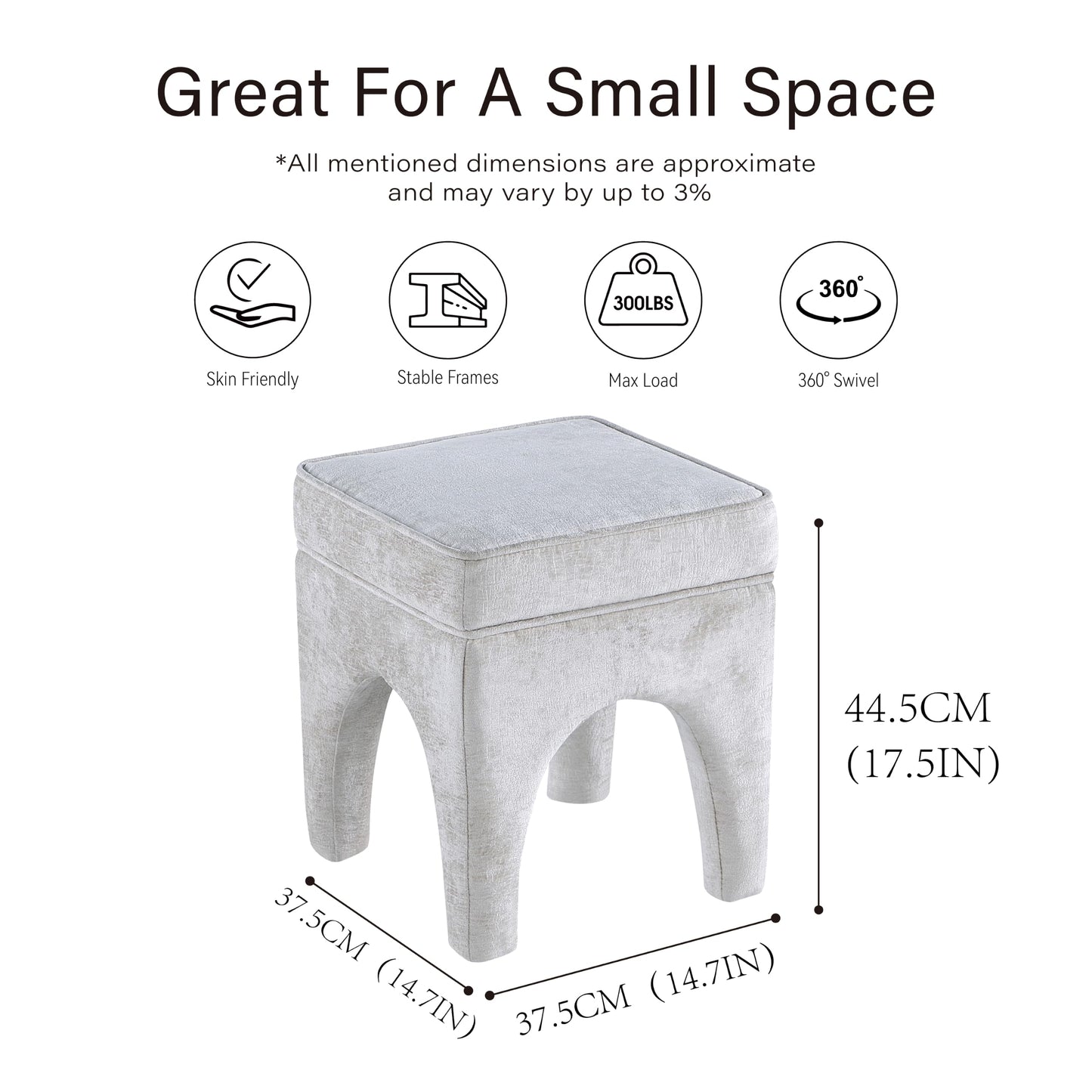 Get Set Style Upholstered Textured Woven Accent Stool, Arched Solid Wood Leg Ottoman Foot Rest, Square Decorative Bench for Living Room Entryway Bedroom (Ivory)