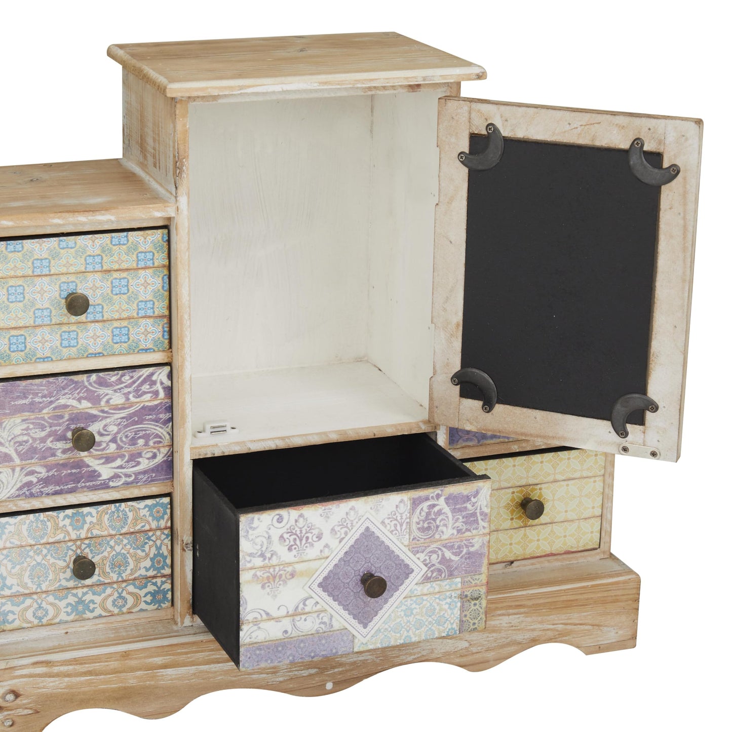 Deco 79 Wooden Decorative Jewelry Box 7 Drawers Jewelry Organizer with Patchwork Patterns, Jewelry Holder 18" x 6" x 16", Light Brown