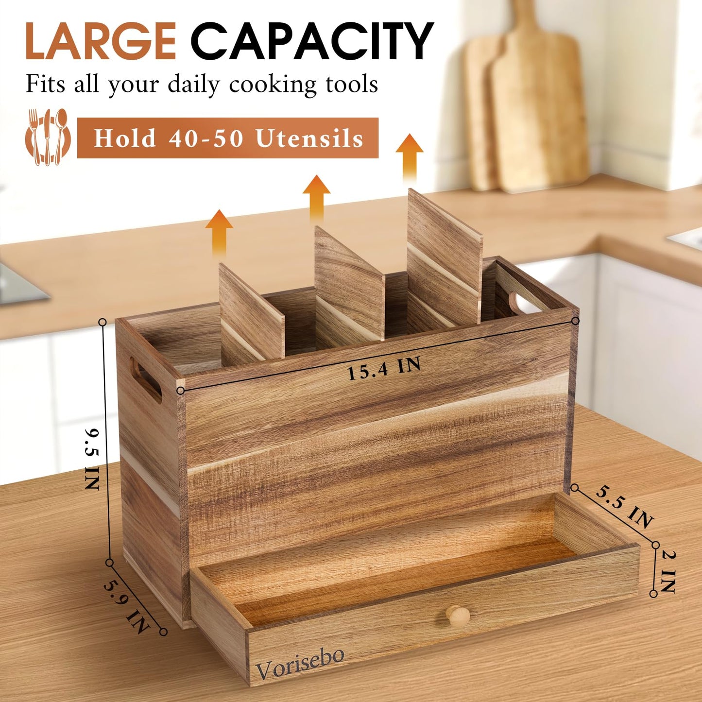 Vorisebo Acacia Wood Kitchen Utensil Holder for Countertop, Large Wooden Utensils Holder with 4 Compartment, Farmhouse Utensil Caddy with Drawer for Storage Cooking and Silverware