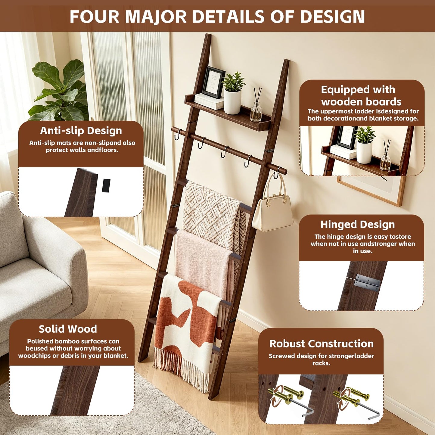 Chilinii Farmhouse Wooden Blanket Ladder with Shelf,6-Tier Rustic Quilt Towel Rack Decorative Holder Wall Leaning Storage with Removable Hooks for Home Living Room Bedroom Decor Brown