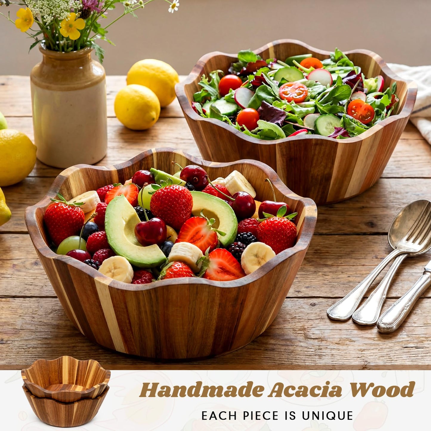 Ferrochef 2 Pcs Scalloped Decorative Wooden Bowl 12 Inch Acacia Wood Fruit & Serving Bowl Handcrafted Rustic Decorative Bowls for Fruit, Salad, Snacks and Home Kitchen Counter Decor Wedding Decor