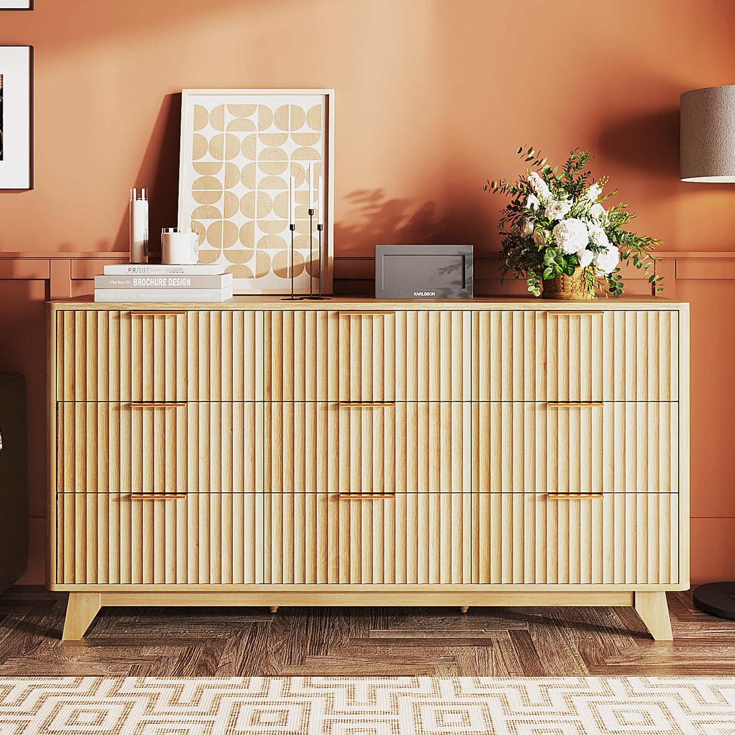 VINGLI Fluted 9 Drawer Dresser for Bedroom, Wood Dresser with Rounded Edges, 57" Long Dressers Oak, Natural Wood Color, 57" W*15.75" D*29.92" H