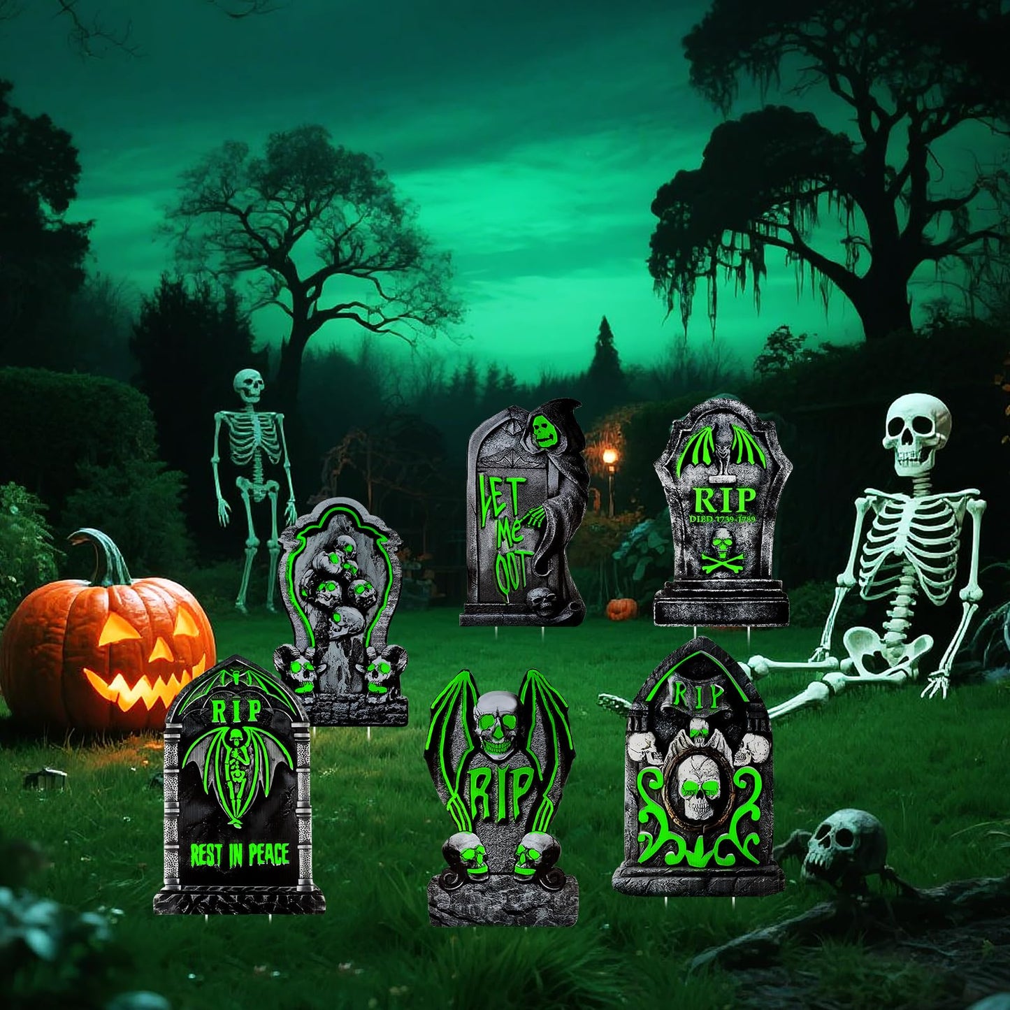 Larber 6pcs Glow in The Dark Tombstones with Stakes Large Halloween Tombstones Yard Signs Decor Waterproof RIP Headstones for Graveyard Halloween Lawn Garden Outdoor Indoor Decoration