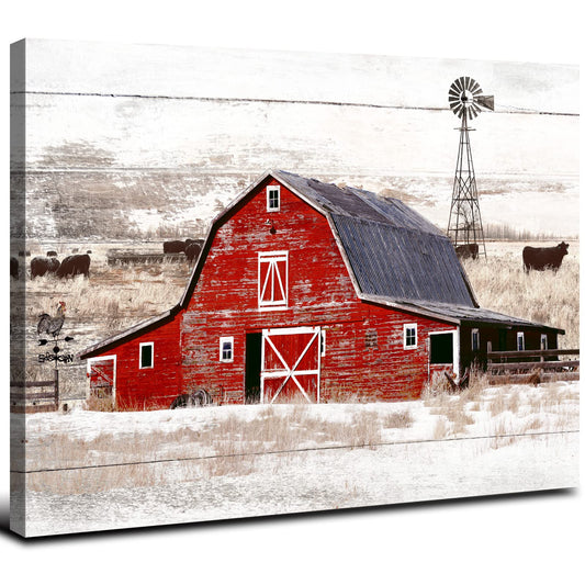 Country Old Barn Landscape Wall Art Farmhouse Windmill Wall Decor for Living Room Kitchen Office Vintage Highland Cow Poster Canvas Prints Rustic Meadow Scenery Painting Artwork Decorations 24x36”