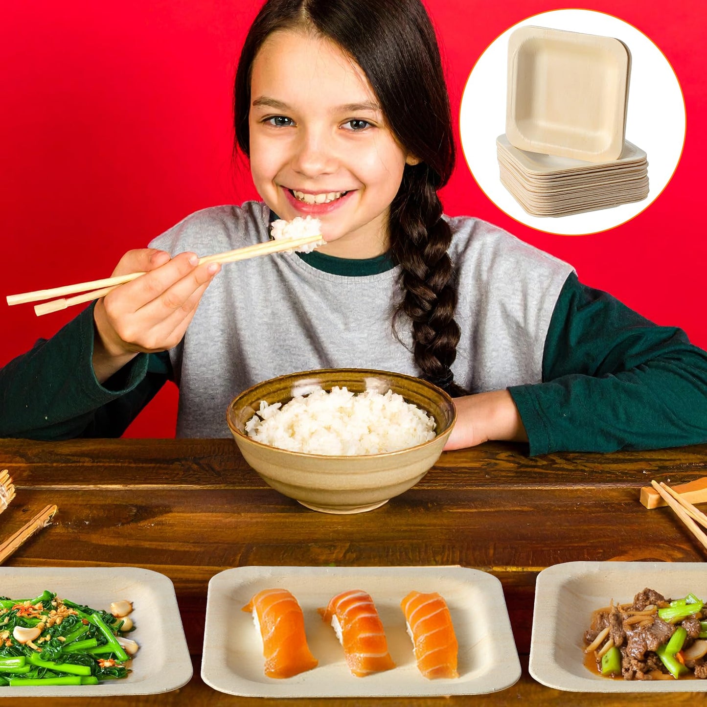 Hpmjz 300Pcs Disposable Square Bowls & Forks Set 4.5 × 4.5 Inch 100Pcs Bamboo Disposable Plates & 200pcs Forks Square Wood Plates for Birthday Party Wedding Events Appetizer Dessert Catering Home Use