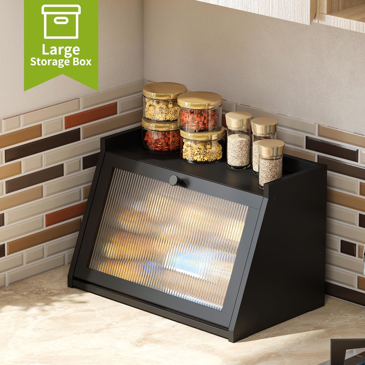 BMOSU Bread Box for Kitchen Countertop Large Capacity Corner Bread Box Farmhouse Bread Container Bread Storage Bread Holder (Black, Large)