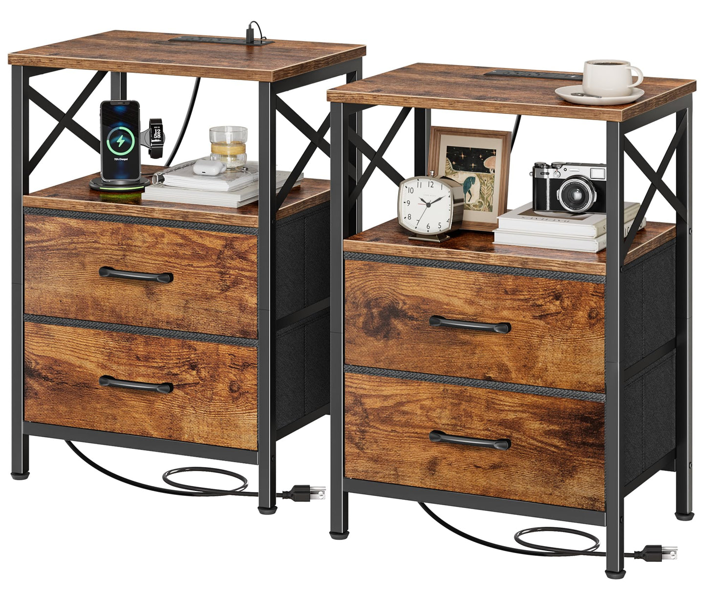 Huuger Nightstands Set of 2, Night Stand with Charger Station, 2 Drawer Side Table with Open Shelf, USB-C Port, End Table for Small Spaces, X Shaped Side Rail, Rustic Brown