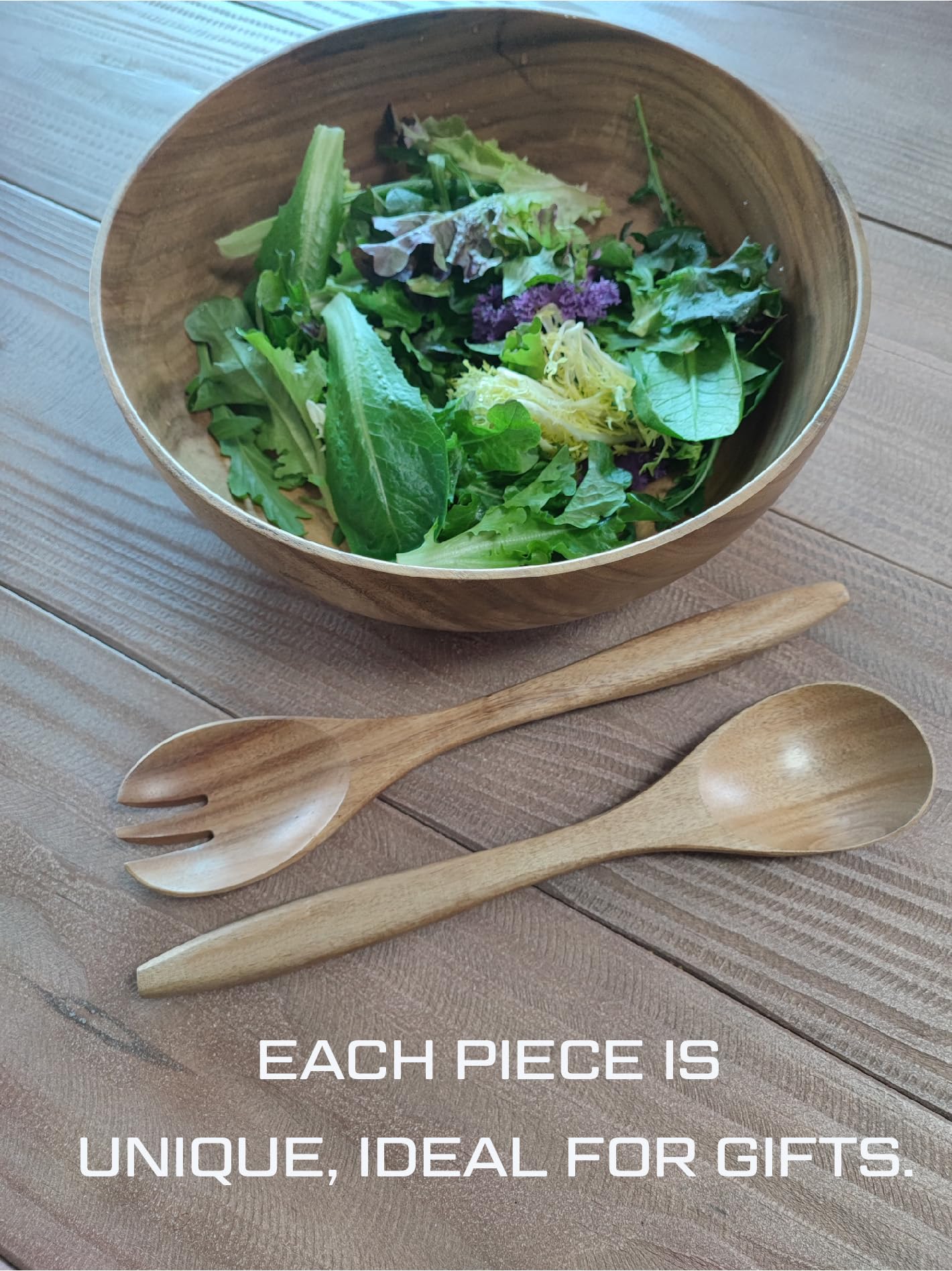 11.5 inches Acacia Wood Salad Bowl Set with 1 set spoon and fork, in a gift box, made from one pc solid acacia wood, made in Vietnam.