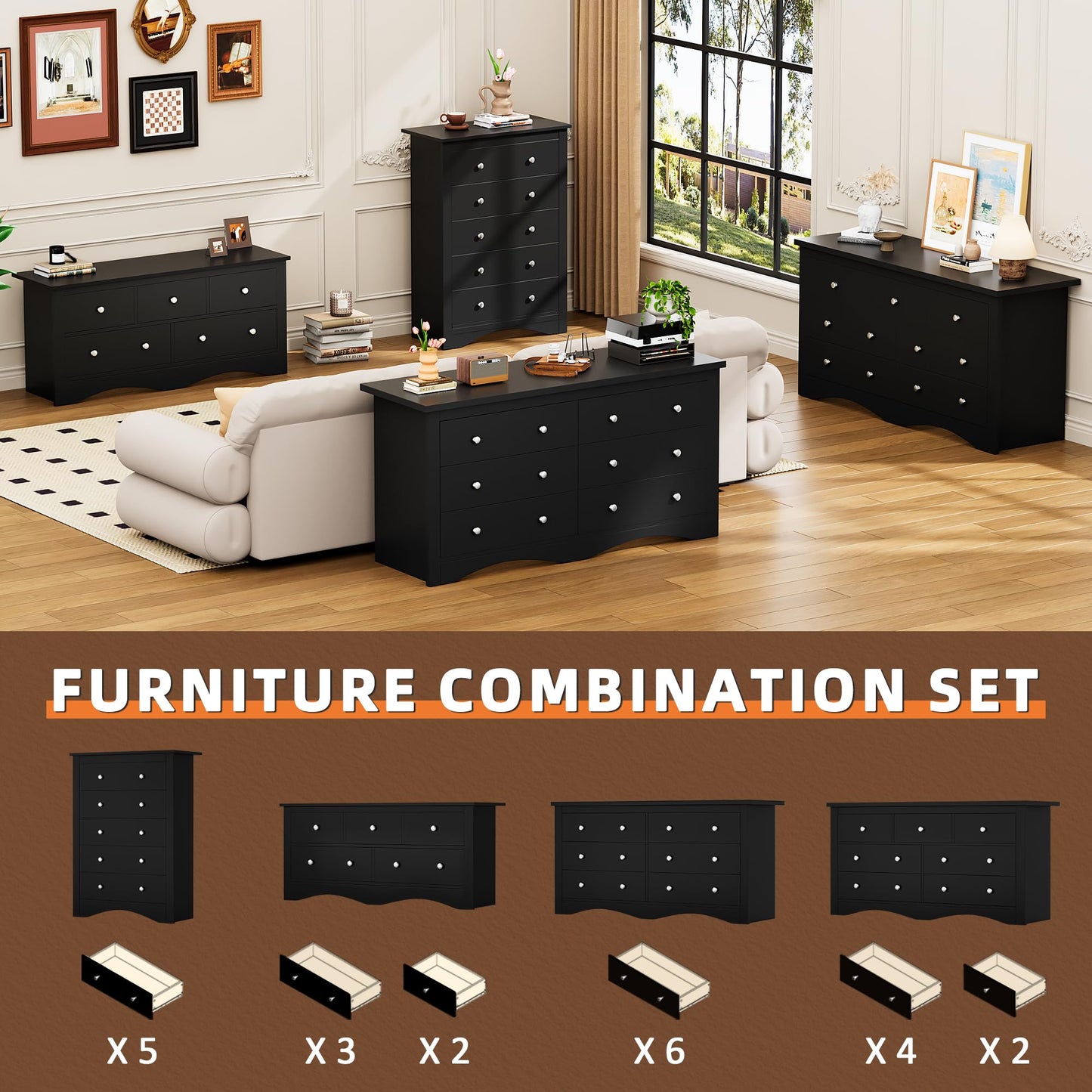Flamaker Dresser for Bedroom, 5 Drawer Dresser, Wood Dressers, Wide Chest of Drawer, Storage Drawers, Storage Organizer for Closet, Hallway (Black)