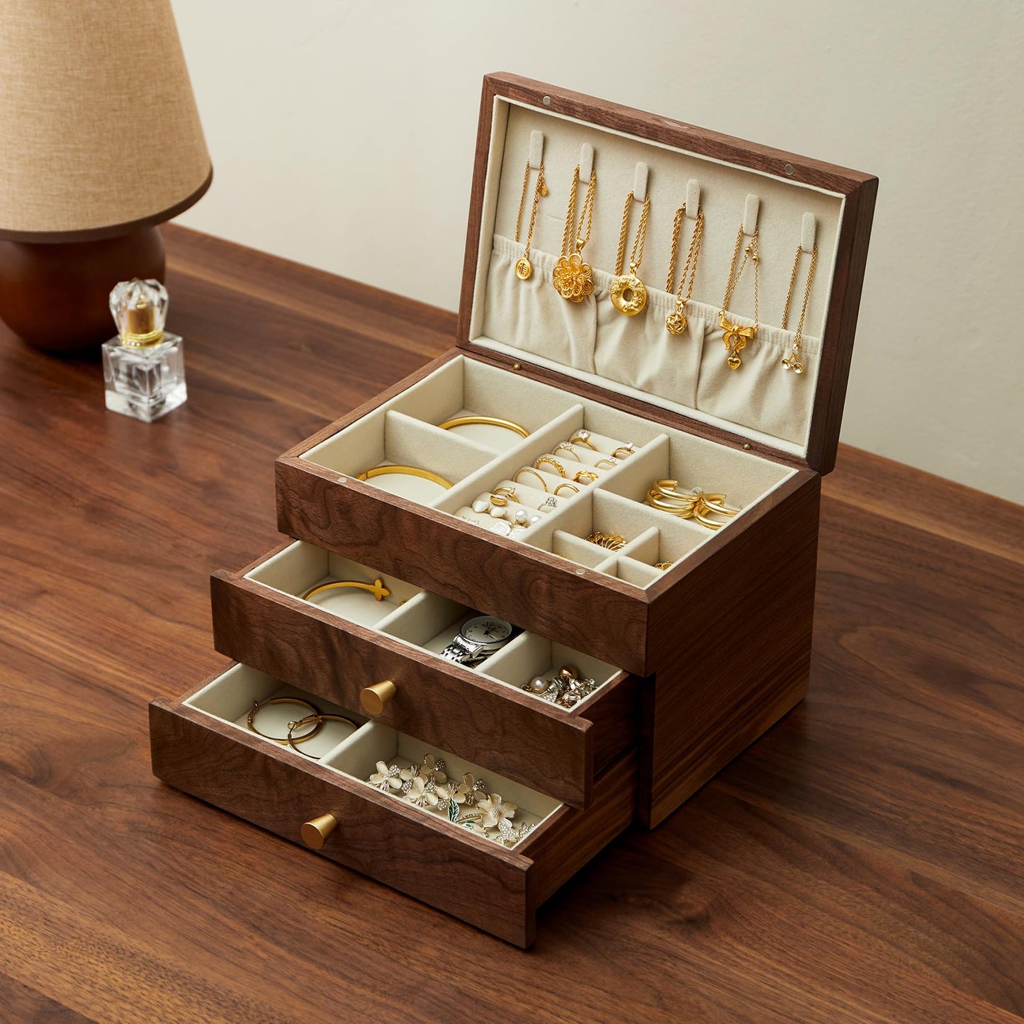 THFLSTR Jewelry Box Organizer for Women & Men, Black Walnut 3 Layer Wooden Jewelry Box with Velvet Lining, Earring & Ring Organizer, Large Capacity Drawer Design for Necklaces, Bracelets (3 layers)